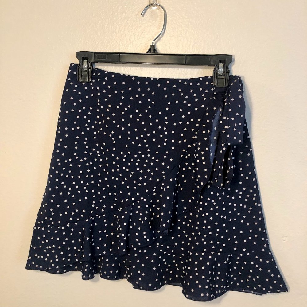 Ruffle navy white-polka dot mini skirt with front tie Small